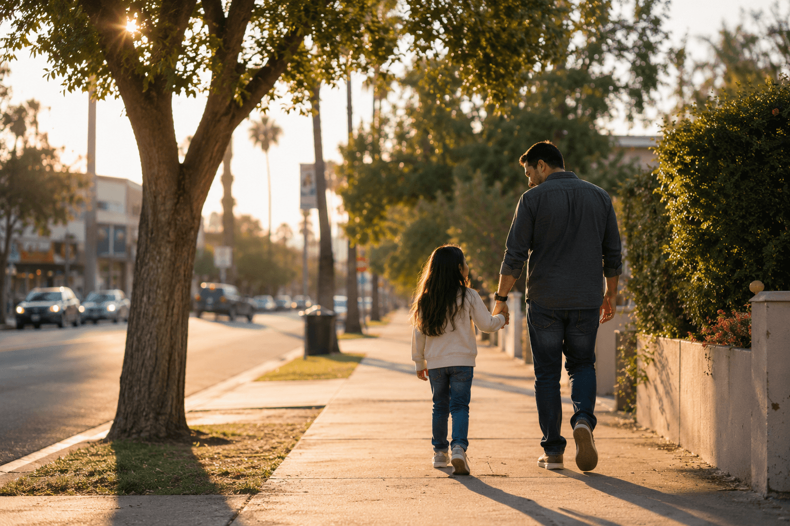 Father and daughter walking together in Glendale